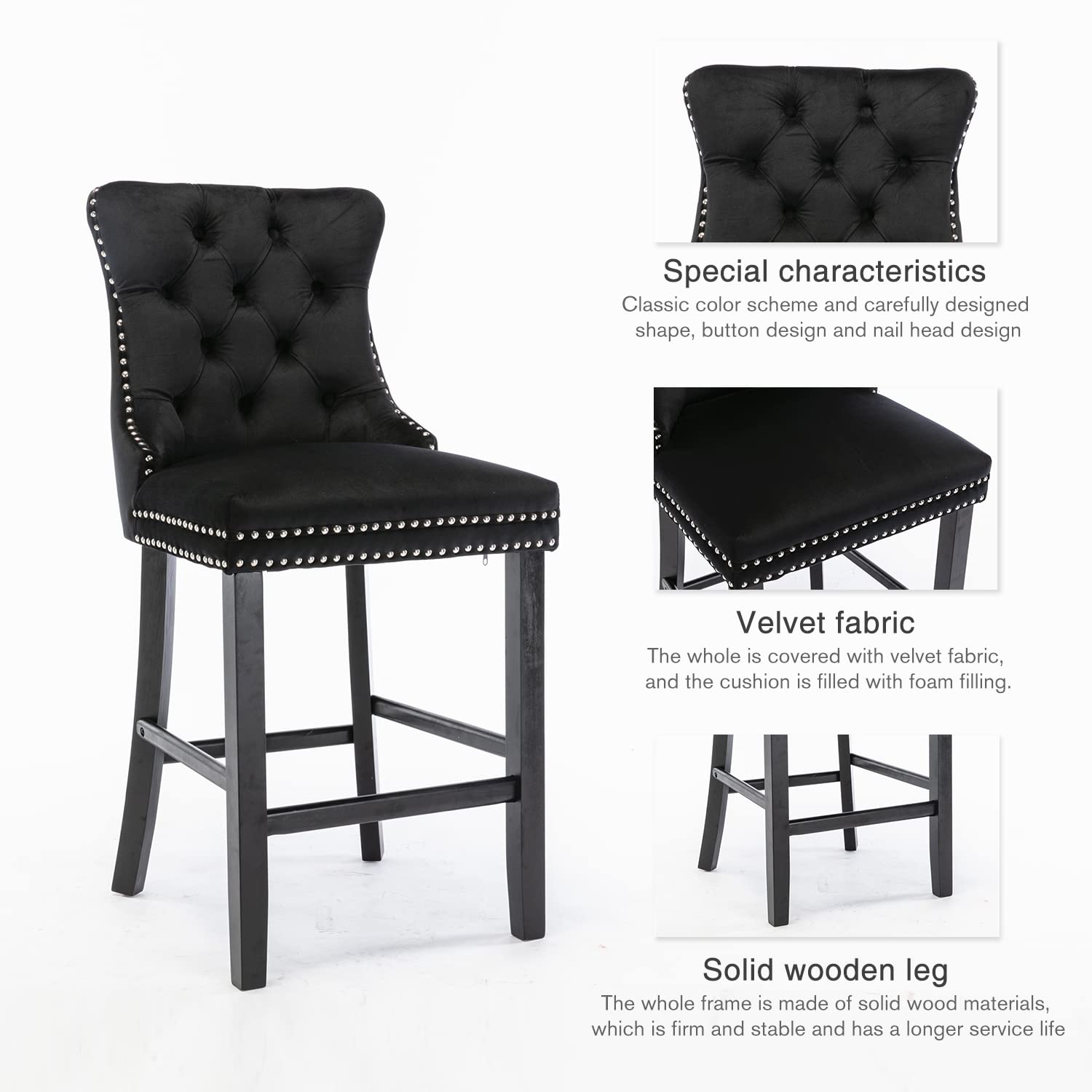 4X Velvet Bar Stools with Studs Trim Wooden Legs Tufted Dining Chairs Kitchen V226-SW1802BK-2