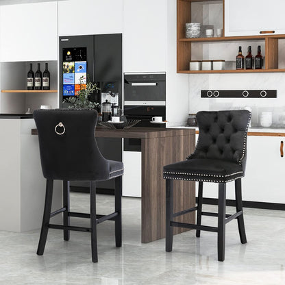 4X Velvet Bar Stools with Studs Trim Wooden Legs Tufted Dining Chairs Kitchen V226-SW1802BK-2