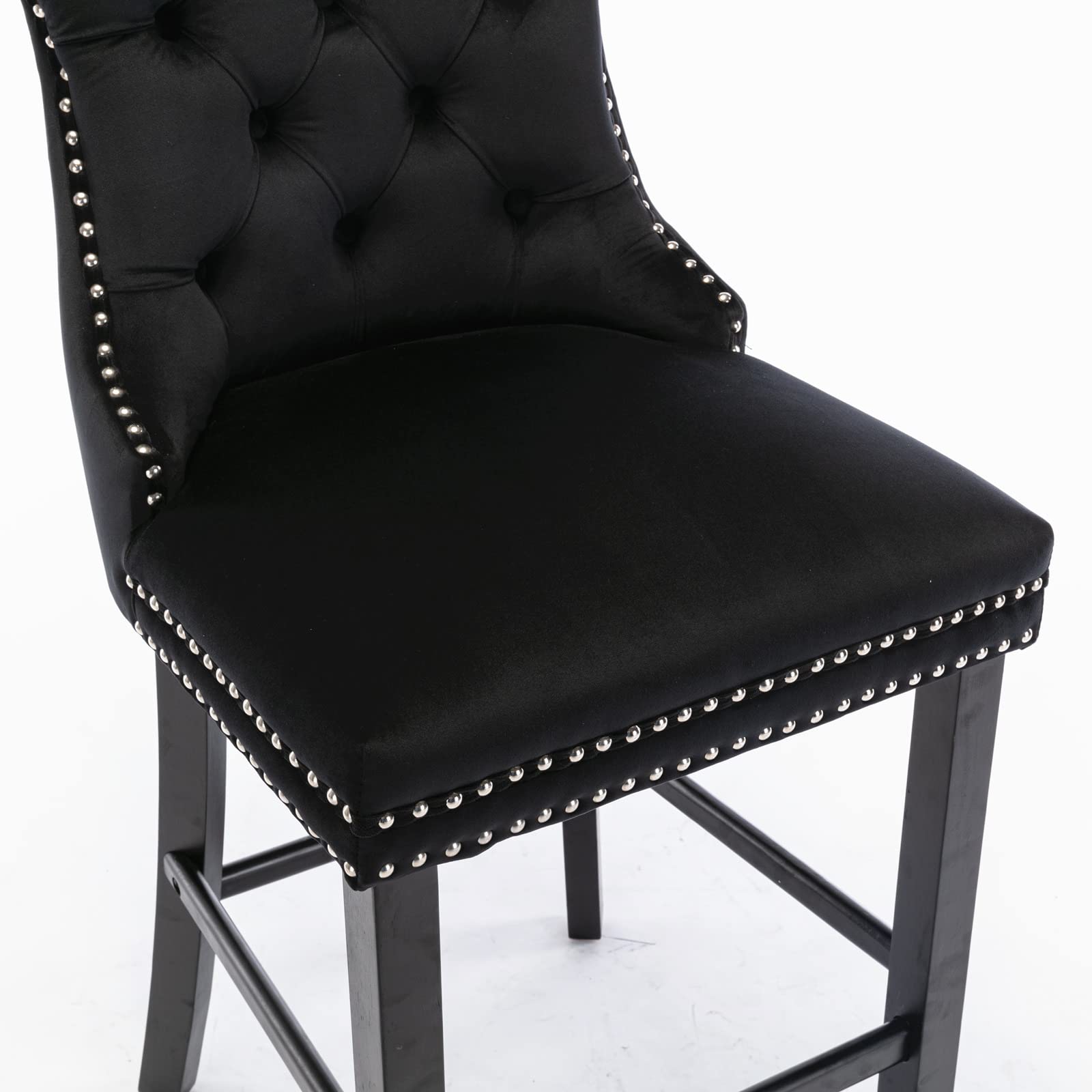 4X Velvet Bar Stools with Studs Trim Wooden Legs Tufted Dining Chairs Kitchen V226-SW1802BK-2