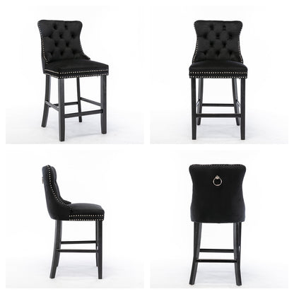 4X Velvet Bar Stools with Studs Trim Wooden Legs Tufted Dining Chairs Kitchen V226-SW1802BK-2