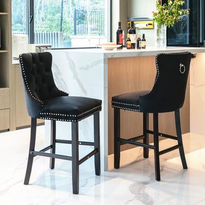 6X Velvet Bar Stools with Studs Trim Wooden Legs Tufted Dining Chairs Kitchen V226-SW1802BK-3