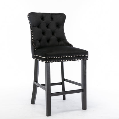 6X Velvet Bar Stools with Studs Trim Wooden Legs Tufted Dining Chairs Kitchen V226-SW1802BK-3