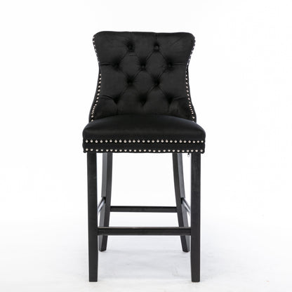 6X Velvet Bar Stools with Studs Trim Wooden Legs Tufted Dining Chairs Kitchen V226-SW1802BK-3