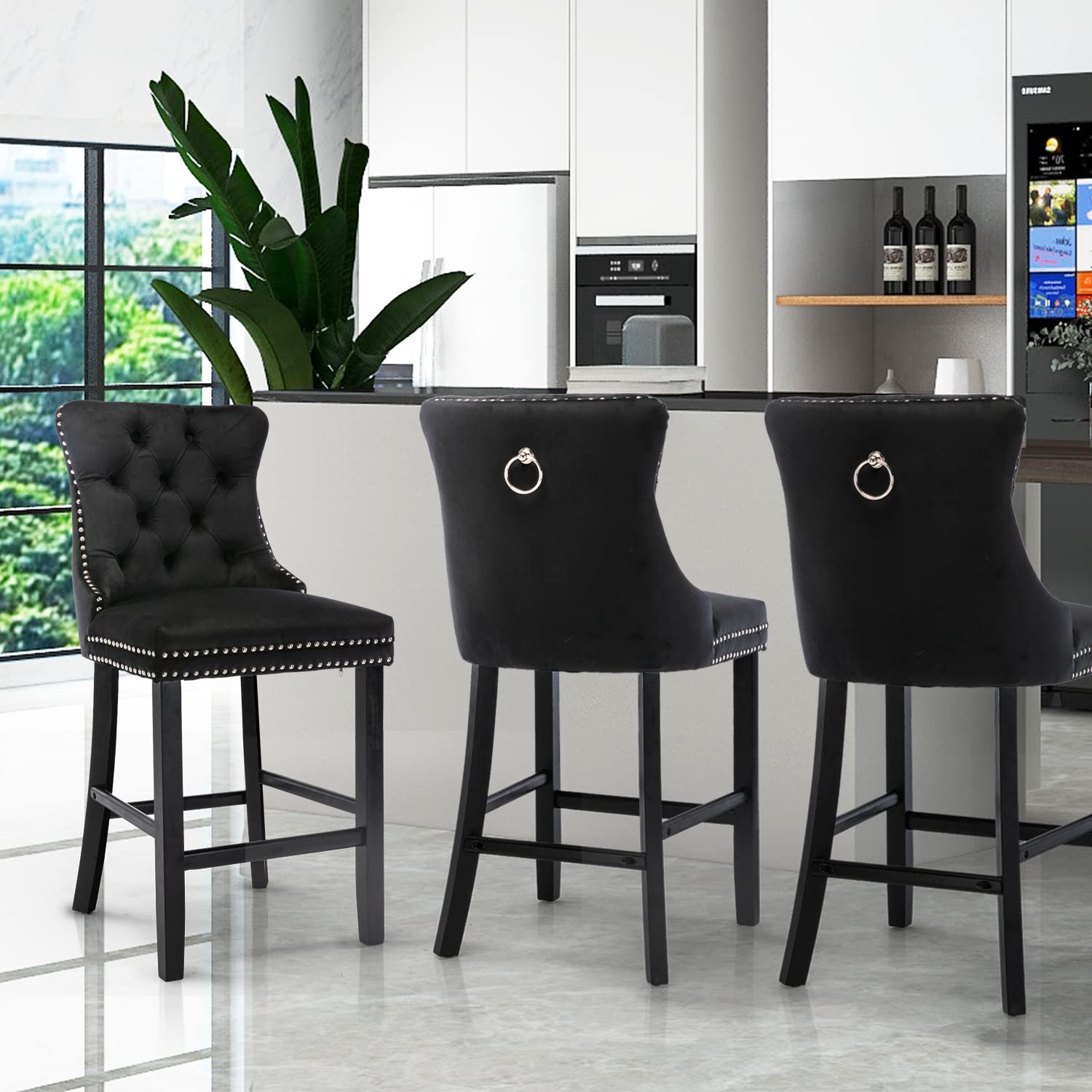 6X Velvet Bar Stools with Studs Trim Wooden Legs Tufted Dining Chairs Kitchen V226-SW1802BK-3