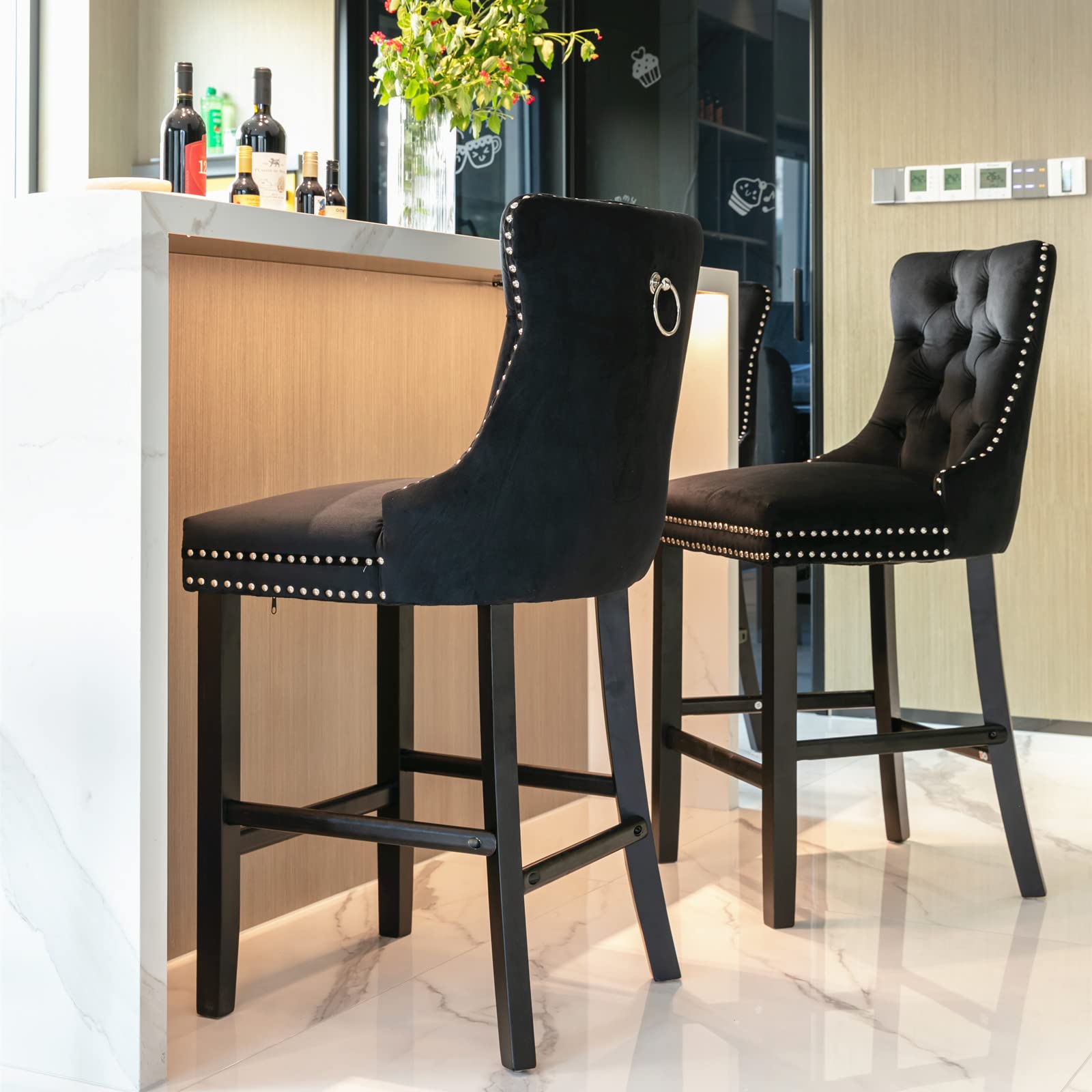 6X Velvet Bar Stools with Studs Trim Wooden Legs Tufted Dining Chairs Kitchen V226-SW1802BK-3