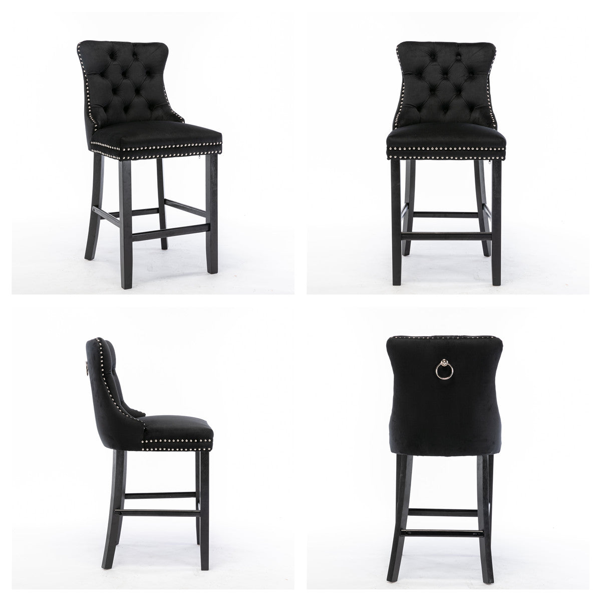6X Velvet Bar Stools with Studs Trim Wooden Legs Tufted Dining Chairs Kitchen V226-SW1802BK-3