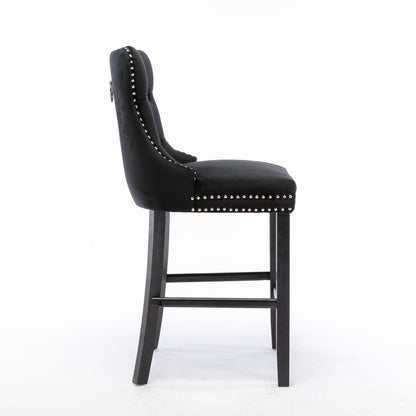 2X Velvet Bar Stools with Studs Trim Wooden Legs Tufted Dining Chairs Kitchen V226-SW1802BK