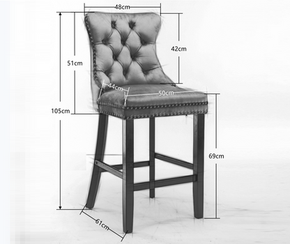 2X Velvet Bar Stools with Studs Trim Wooden Legs Tufted Dining Chairs Kitchen V226-SW1802BK