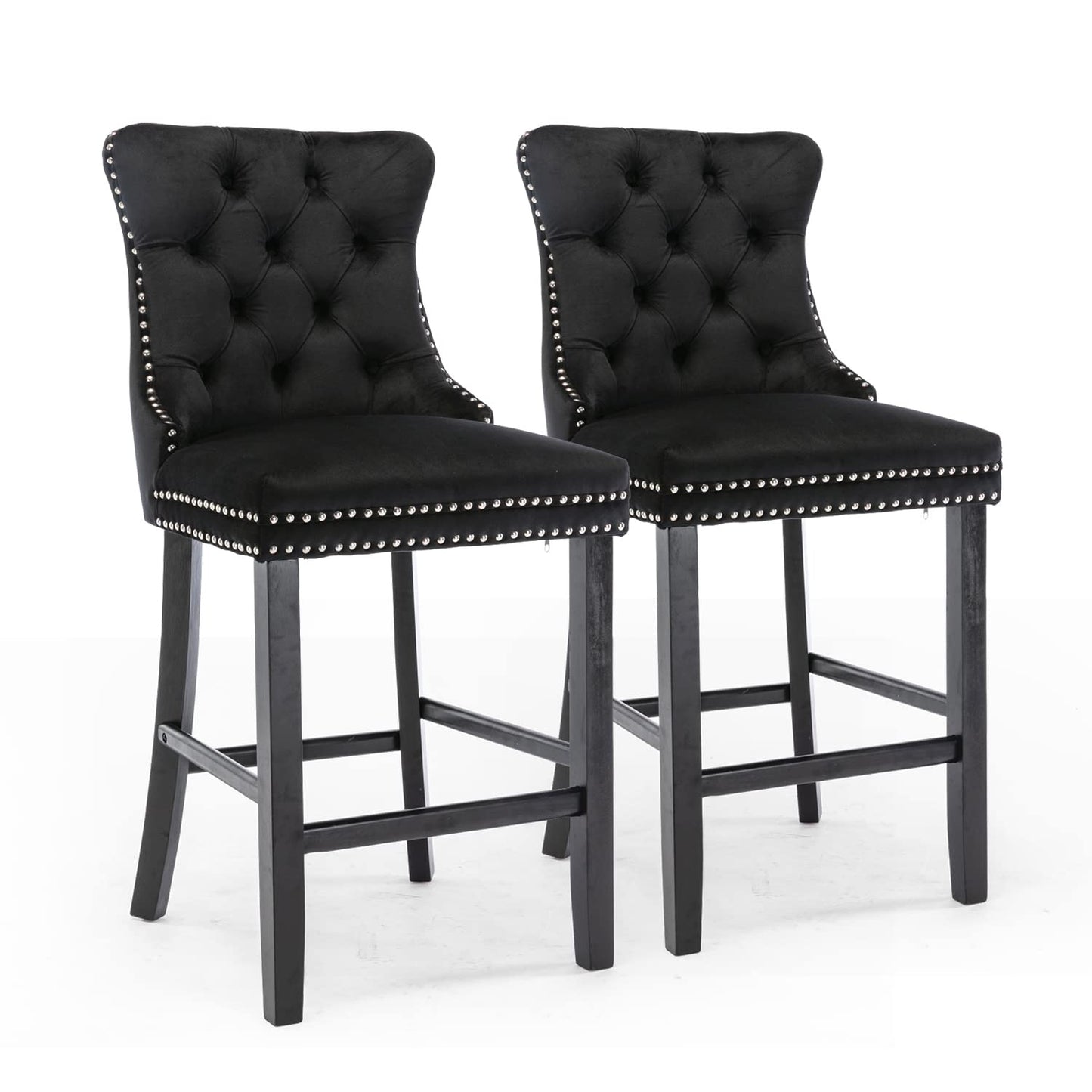2X Velvet Bar Stools with Studs Trim Wooden Legs Tufted Dining Chairs Kitchen V226-SW1802BK