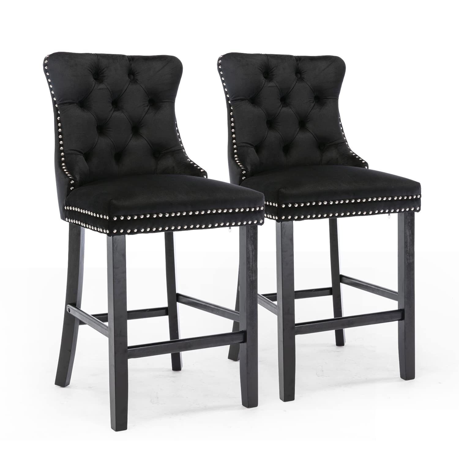 2X Velvet Bar Stools with Studs Trim Wooden Legs Tufted Dining Chairs Kitchen V226-SW1802BK
