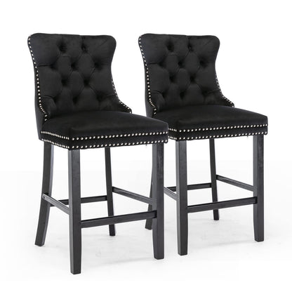 2X Velvet Bar Stools with Studs Trim Wooden Legs Tufted Dining Chairs Kitchen V226-SW1802BK