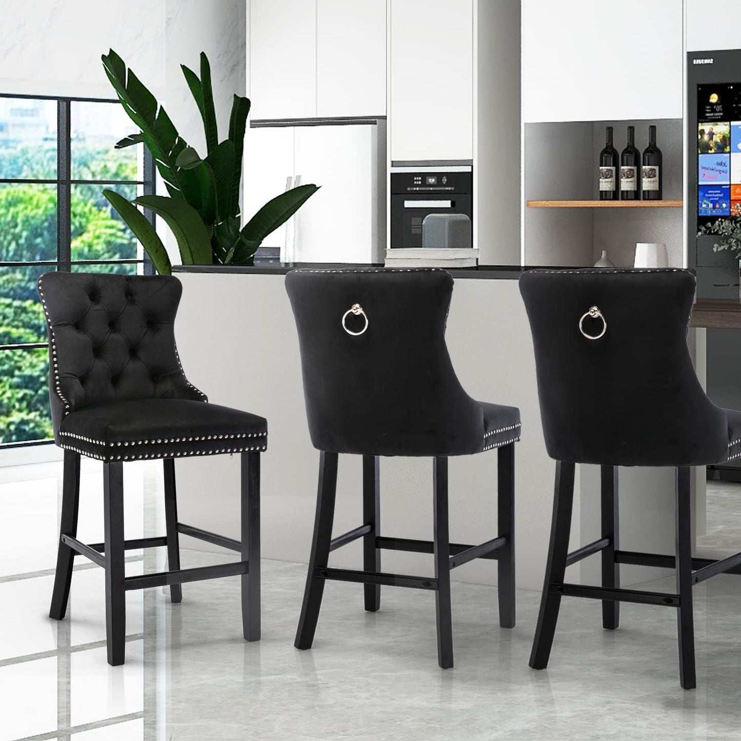 2X Velvet Bar Stools with Studs Trim Wooden Legs Tufted Dining Chairs Kitchen V226-SW1802BK