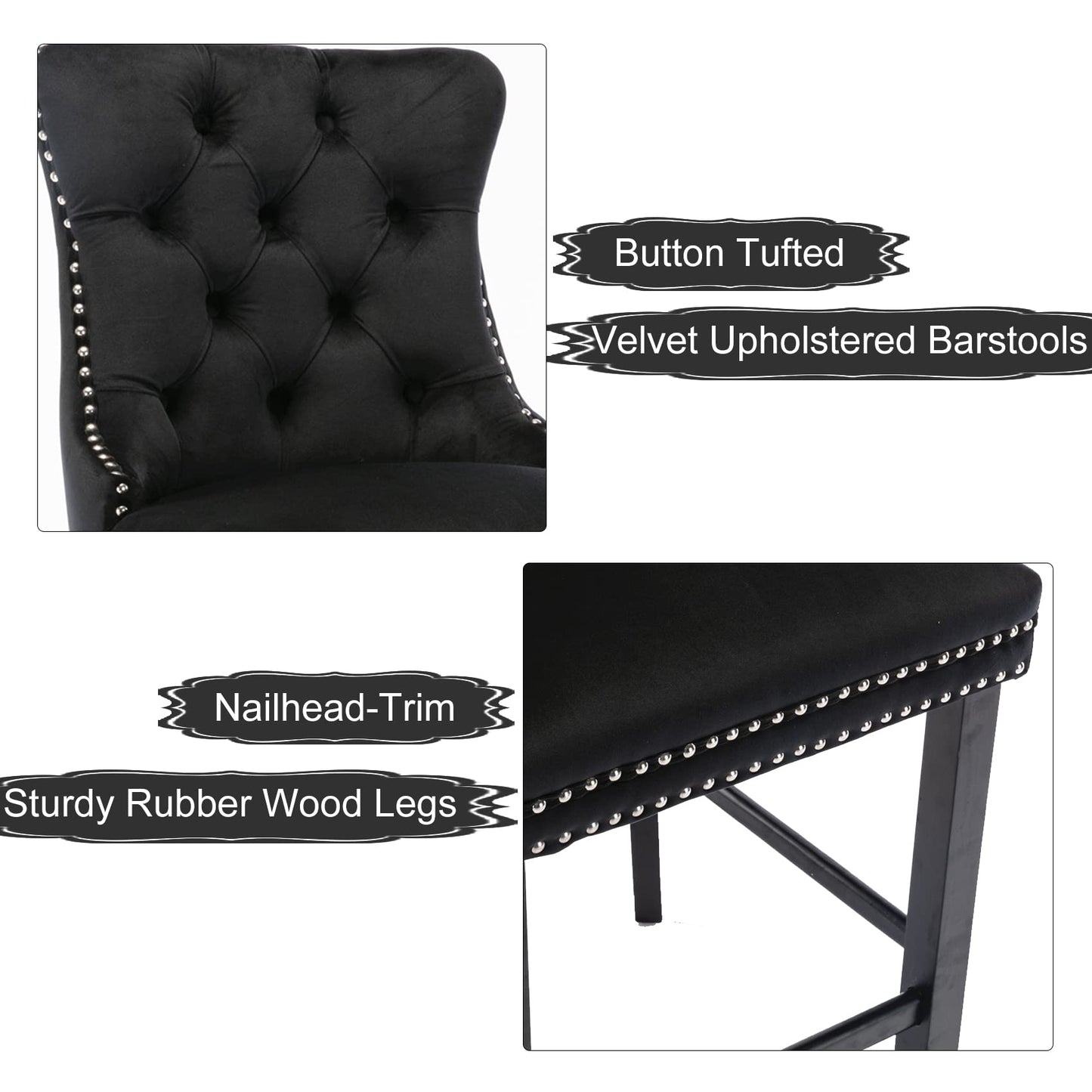 2X Velvet Bar Stools with Studs Trim Wooden Legs Tufted Dining Chairs Kitchen V226-SW1802BK