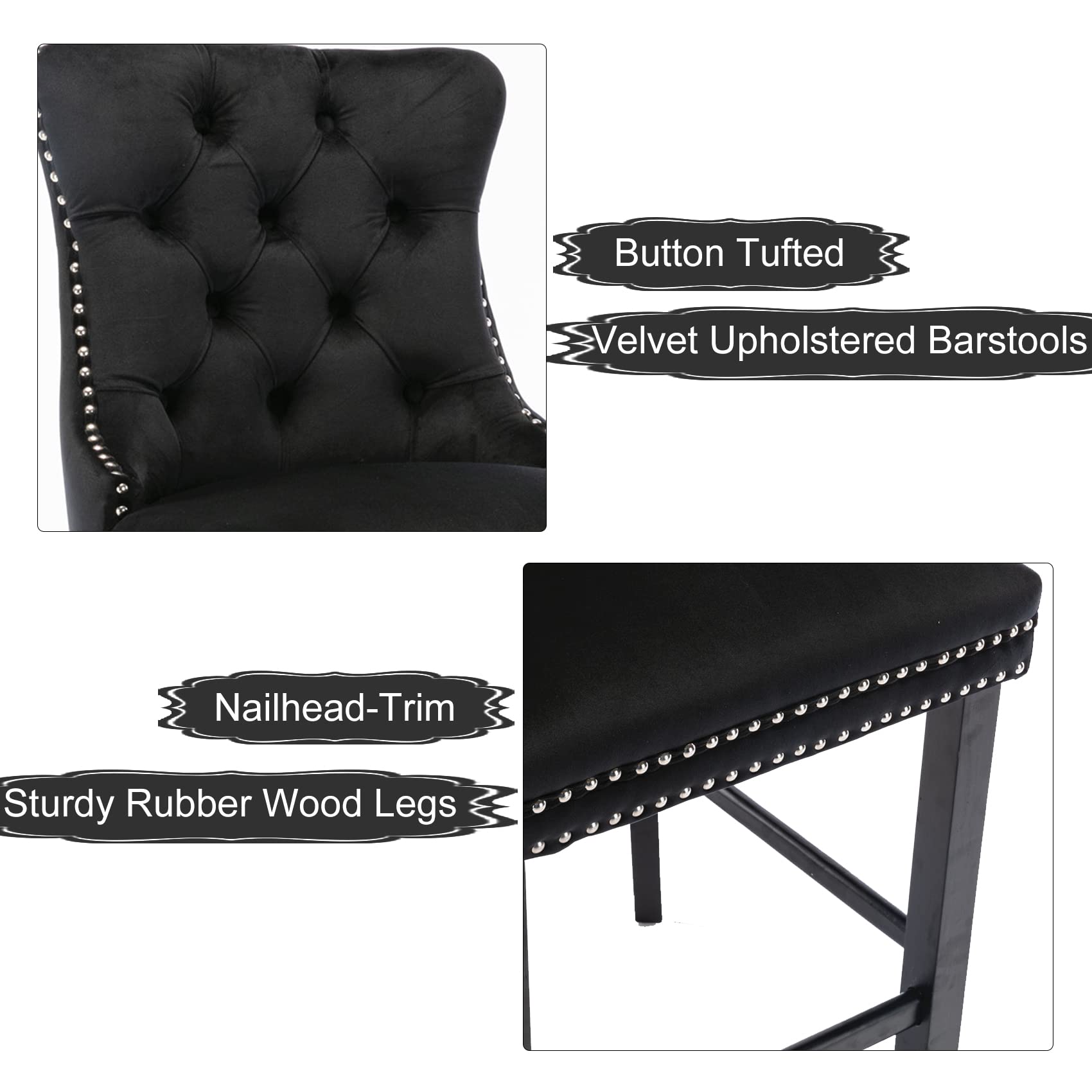 2X Velvet Bar Stools with Studs Trim Wooden Legs Tufted Dining Chairs Kitchen V226-SW1802BK