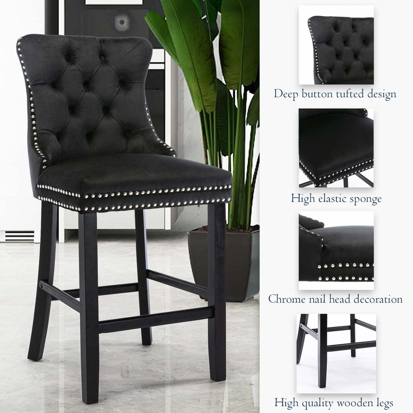 2X Velvet Bar Stools with Studs Trim Wooden Legs Tufted Dining Chairs Kitchen V226-SW1802BK
