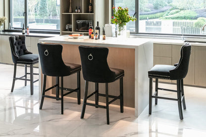 2X Velvet Bar Stools with Studs Trim Wooden Legs Tufted Dining Chairs Kitchen V226-SW1802BK