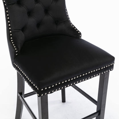 2X Velvet Bar Stools with Studs Trim Wooden Legs Tufted Dining Chairs Kitchen V226-SW1802BK