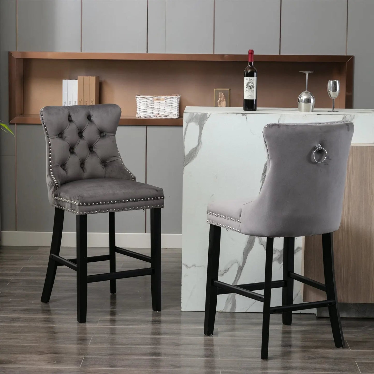4X Velvet Bar Stools with Studs Trim Wooden Legs Tufted Dining Chairs Kitchen V226-SW1802GY-2