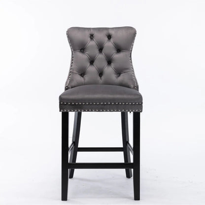 4X Velvet Bar Stools with Studs Trim Wooden Legs Tufted Dining Chairs Kitchen V226-SW1802GY-2