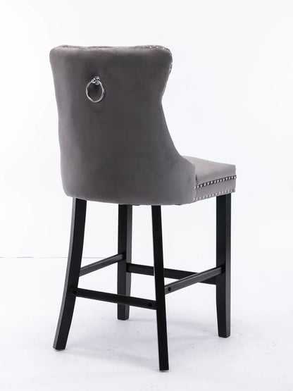 4X Velvet Bar Stools with Studs Trim Wooden Legs Tufted Dining Chairs Kitchen V226-SW1802GY-2