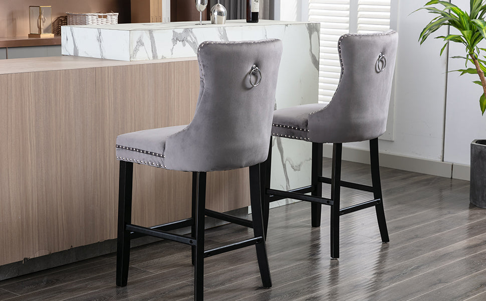 4X Velvet Bar Stools with Studs Trim Wooden Legs Tufted Dining Chairs Kitchen V226-SW1802GY-2