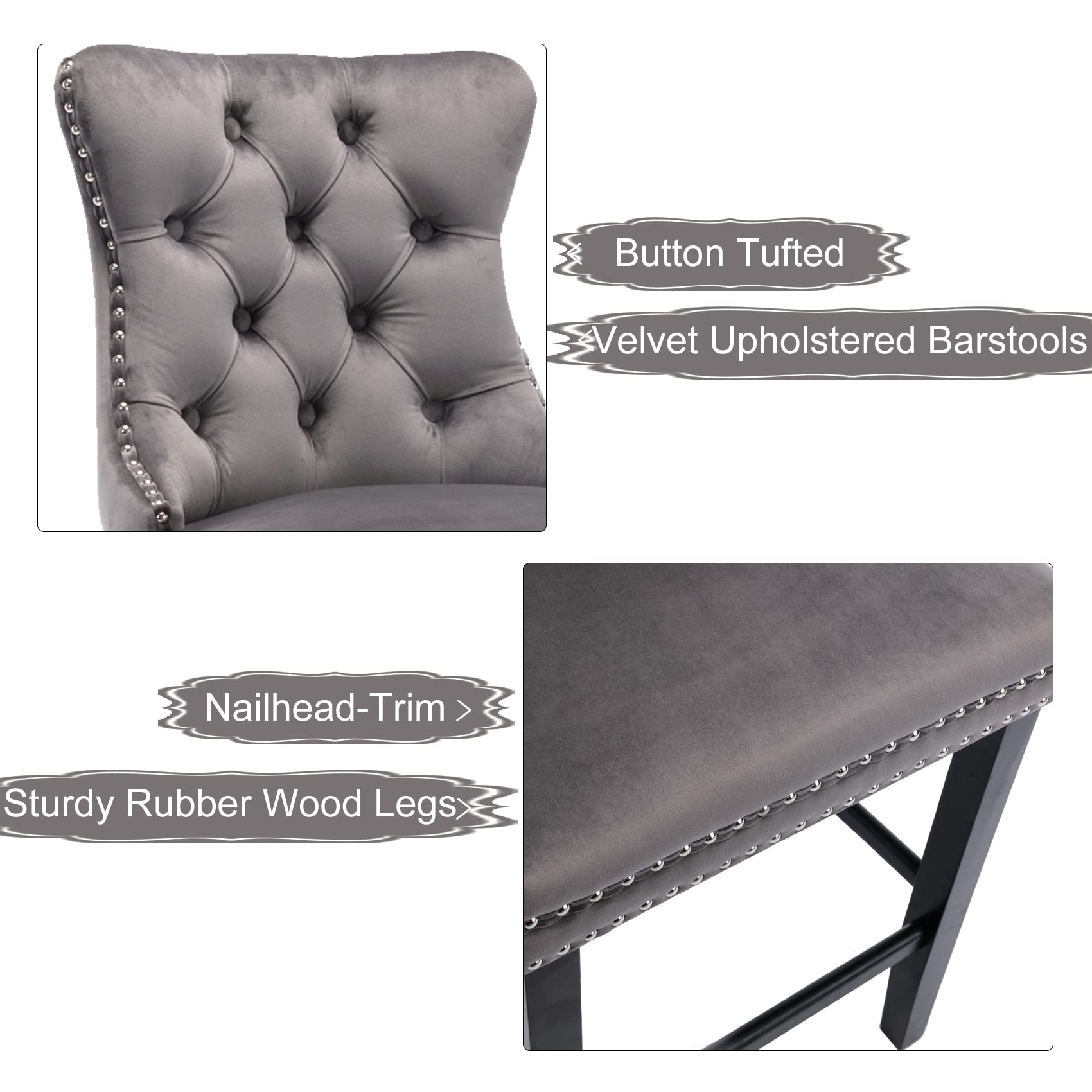 4X Velvet Bar Stools with Studs Trim Wooden Legs Tufted Dining Chairs Kitchen V226-SW1802GY-2