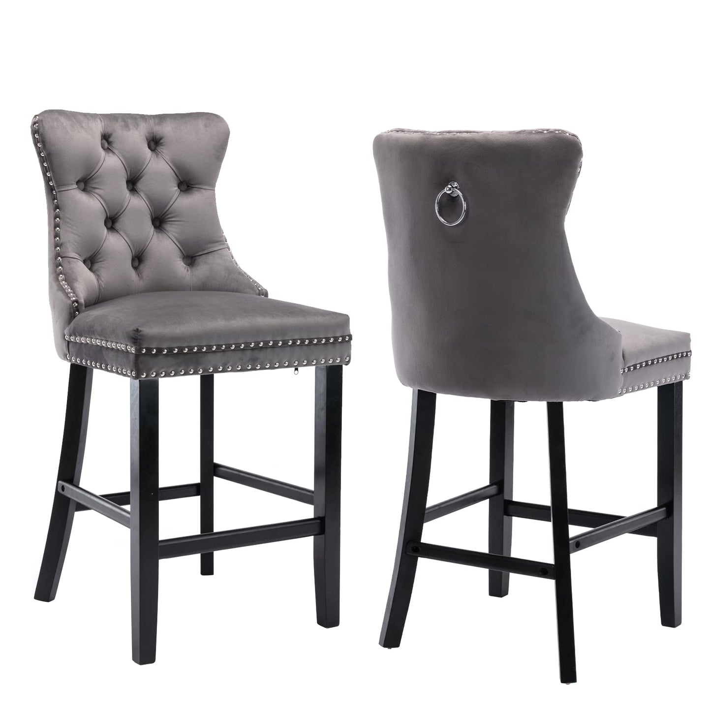 4X Velvet Bar Stools with Studs Trim Wooden Legs Tufted Dining Chairs Kitchen V226-SW1802GY-2