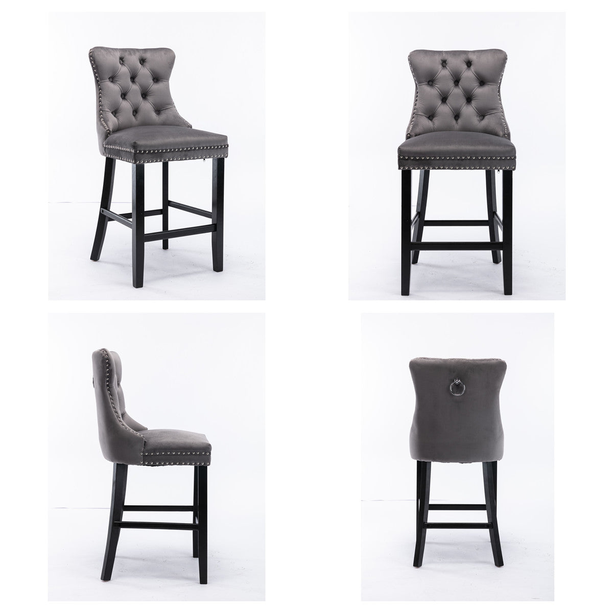 4X Velvet Bar Stools with Studs Trim Wooden Legs Tufted Dining Chairs Kitchen V226-SW1802GY-2
