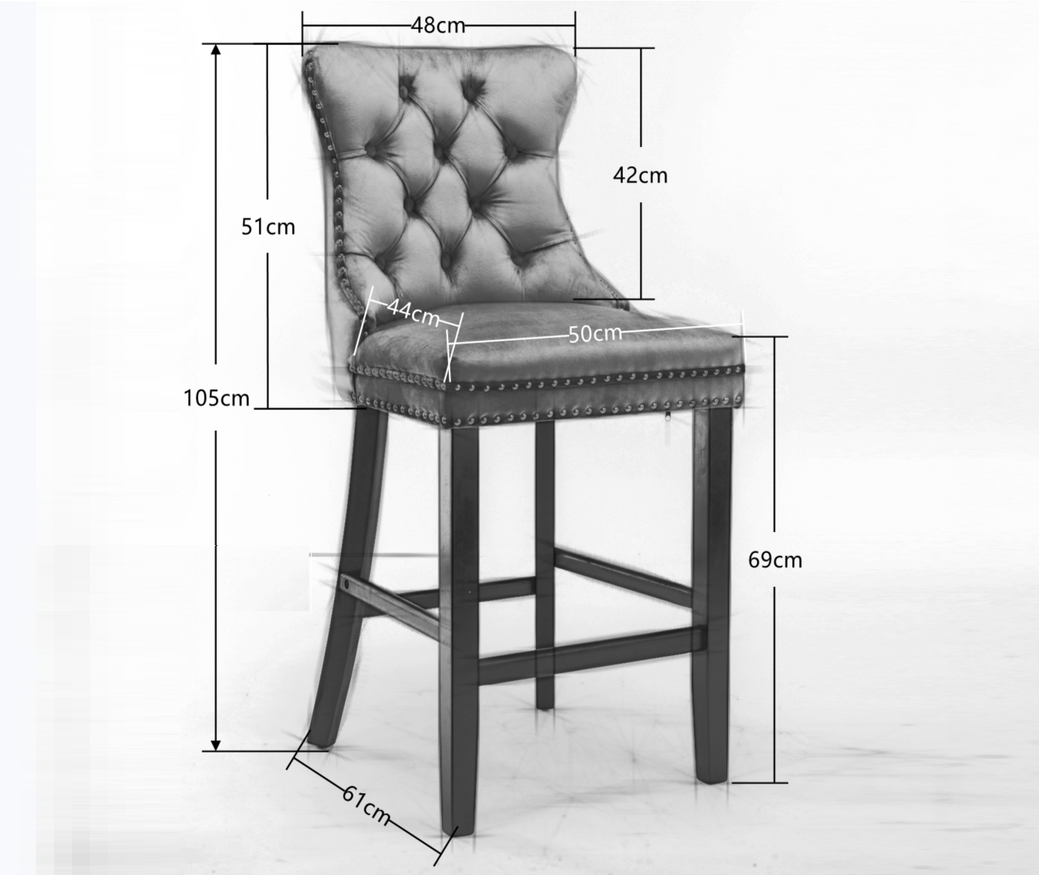 6X Velvet Bar Stools with Studs Trim Wooden Legs Tufted Dining Chairs Kitchen V226-SW1802GY-3