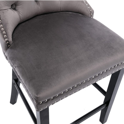 6X Velvet Bar Stools with Studs Trim Wooden Legs Tufted Dining Chairs Kitchen V226-SW1802GY-3