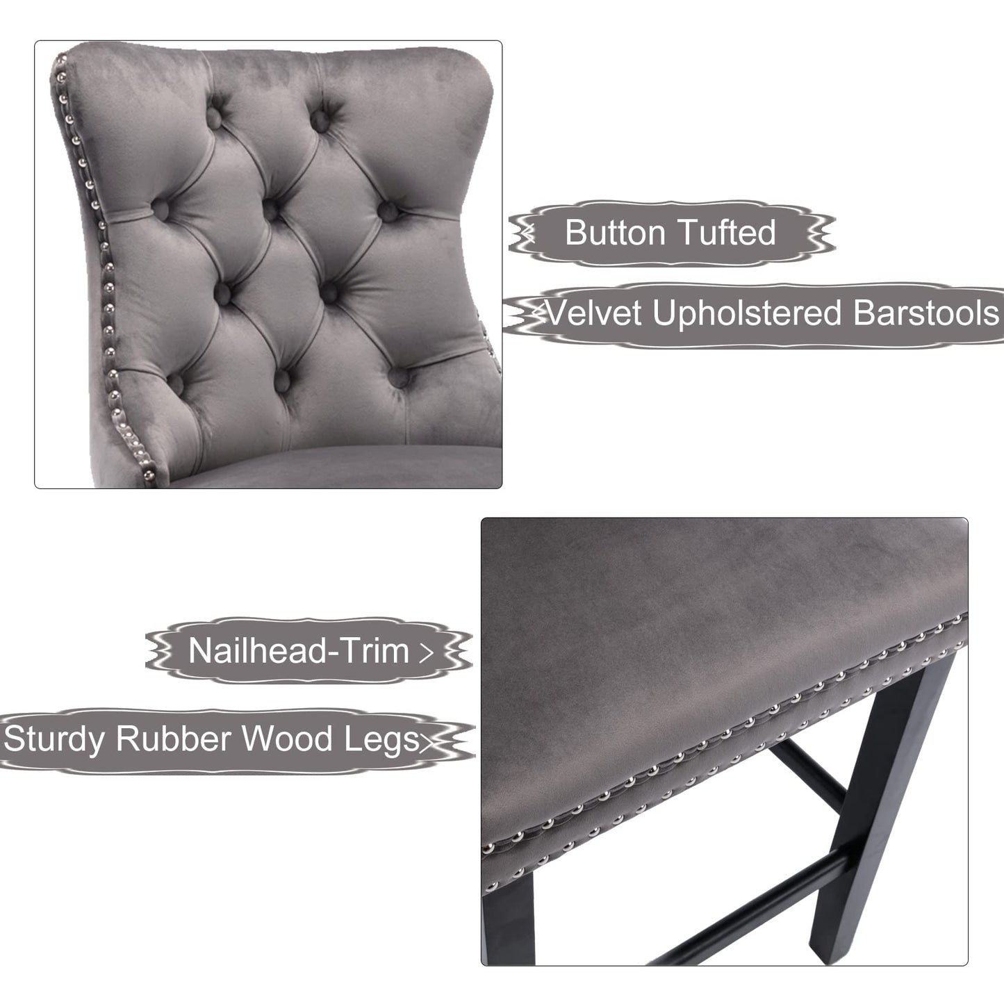 6X Velvet Bar Stools with Studs Trim Wooden Legs Tufted Dining Chairs Kitchen V226-SW1802GY-3