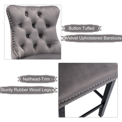 6X Velvet Bar Stools with Studs Trim Wooden Legs Tufted Dining Chairs Kitchen V226-SW1802GY-3