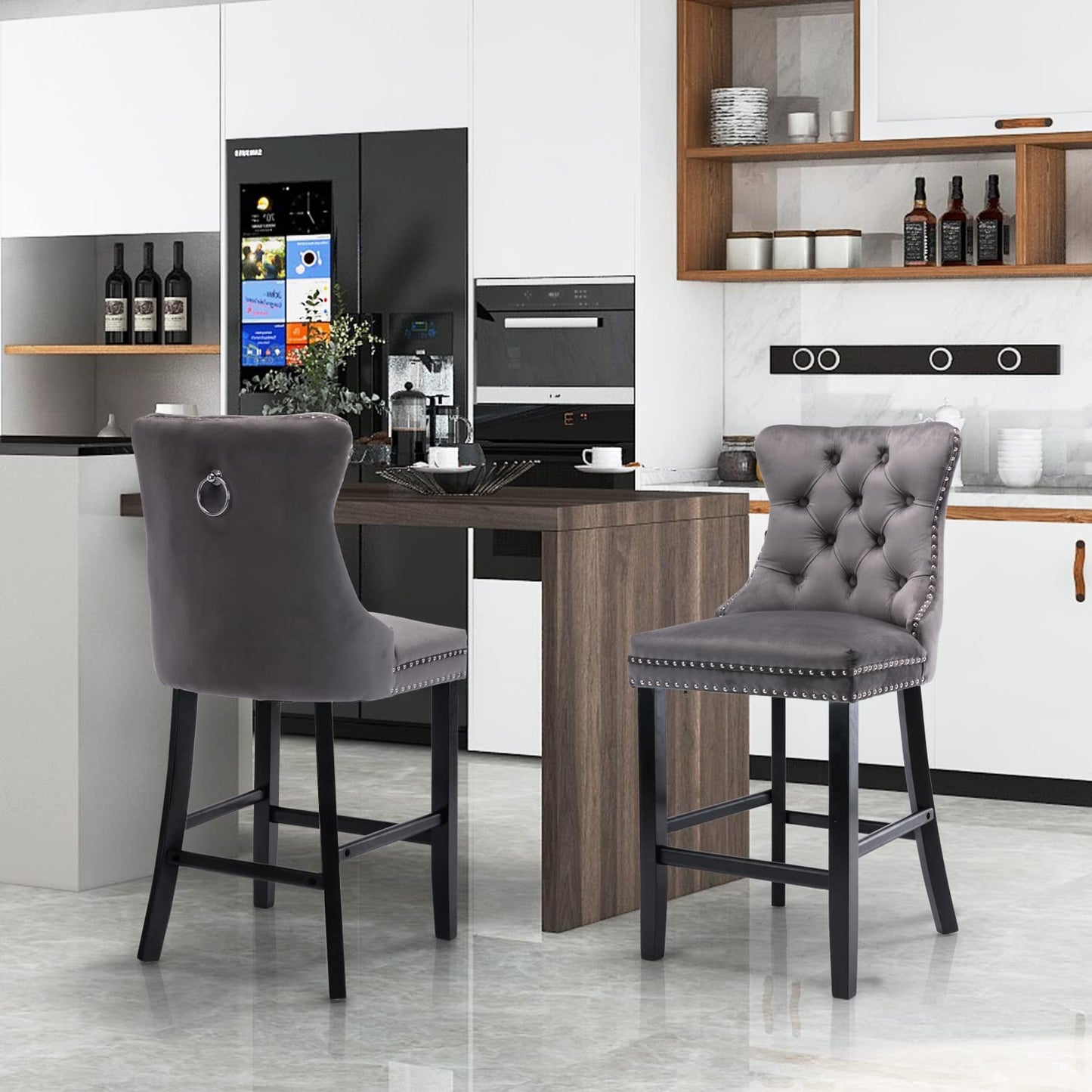 6X Velvet Bar Stools with Studs Trim Wooden Legs Tufted Dining Chairs Kitchen V226-SW1802GY-3