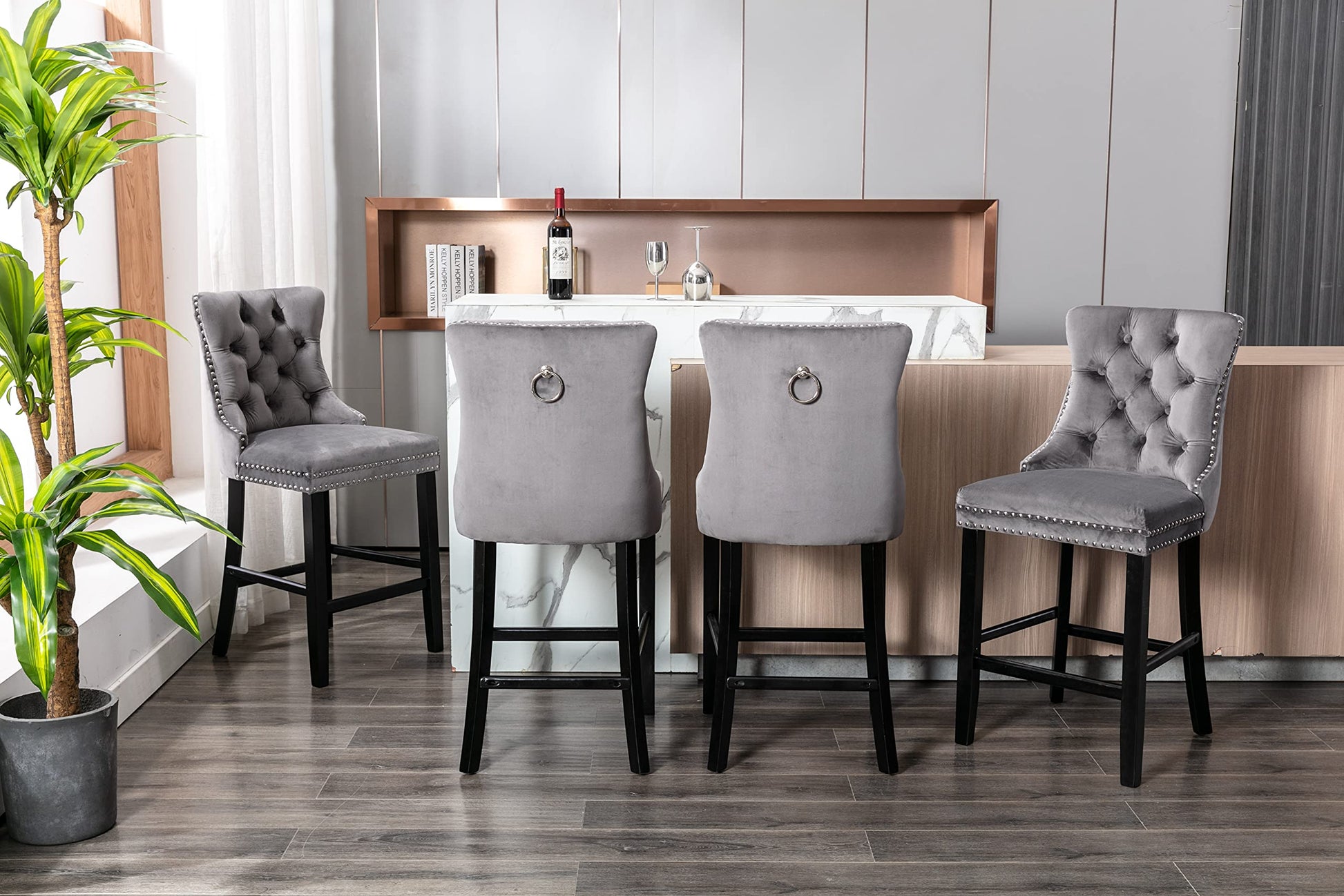 6X Velvet Bar Stools with Studs Trim Wooden Legs Tufted Dining Chairs Kitchen V226-SW1802GY-3