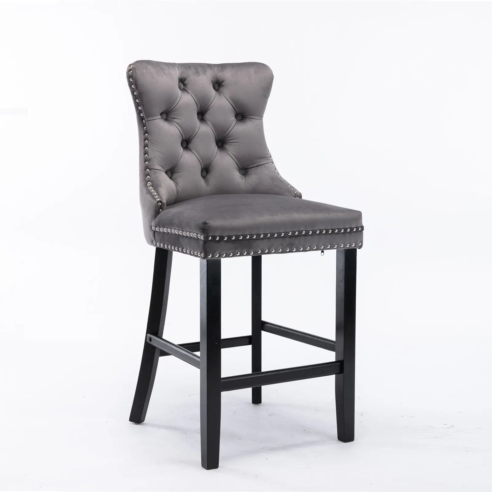 2X Velvet Bar Stools with Studs Trim Wooden Legs Tufted Dining Chairs Kitchen V226-SW1802GY