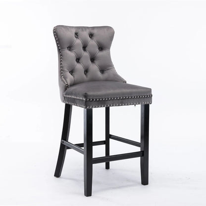 2X Velvet Bar Stools with Studs Trim Wooden Legs Tufted Dining Chairs Kitchen V226-SW1802GY