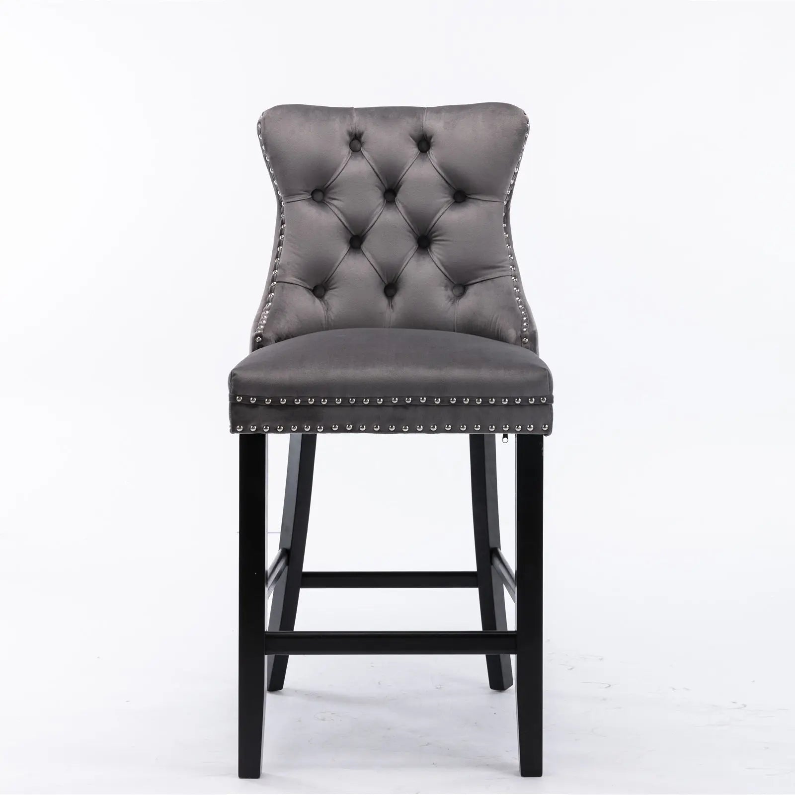 2X Velvet Bar Stools with Studs Trim Wooden Legs Tufted Dining Chairs Kitchen V226-SW1802GY