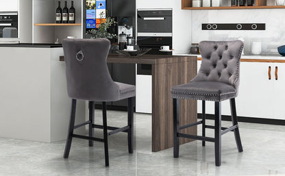 2X Velvet Bar Stools with Studs Trim Wooden Legs Tufted Dining Chairs Kitchen V226-SW1802GY