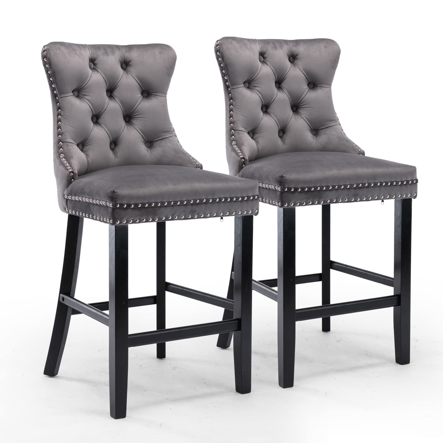 2X Velvet Bar Stools with Studs Trim Wooden Legs Tufted Dining Chairs Kitchen V226-SW1802GY