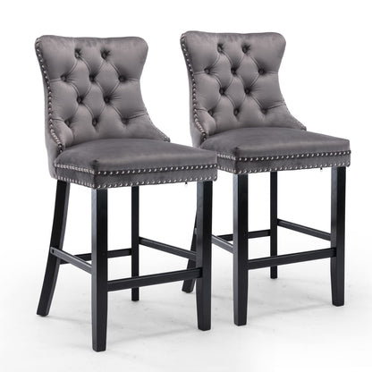 2X Velvet Bar Stools with Studs Trim Wooden Legs Tufted Dining Chairs Kitchen V226-SW1802GY