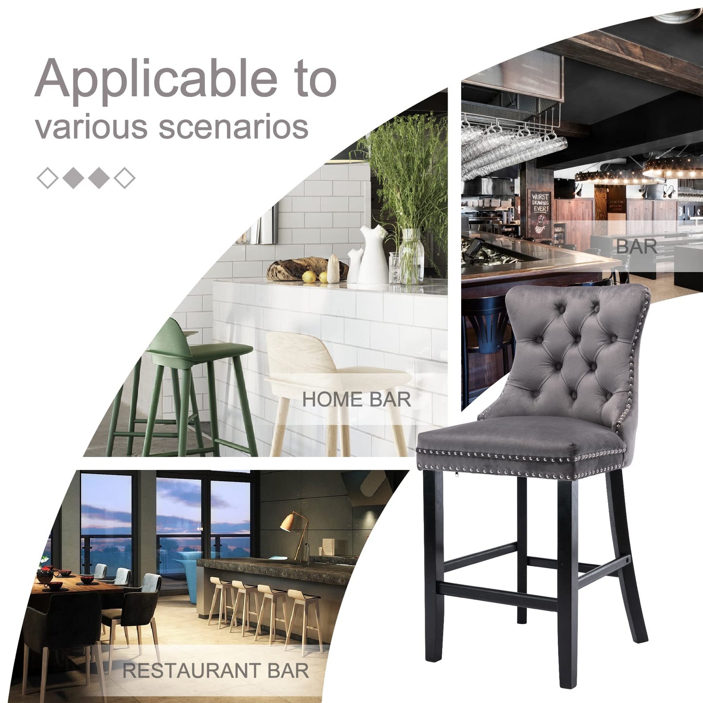 2X Velvet Bar Stools with Studs Trim Wooden Legs Tufted Dining Chairs Kitchen V226-SW1802GY