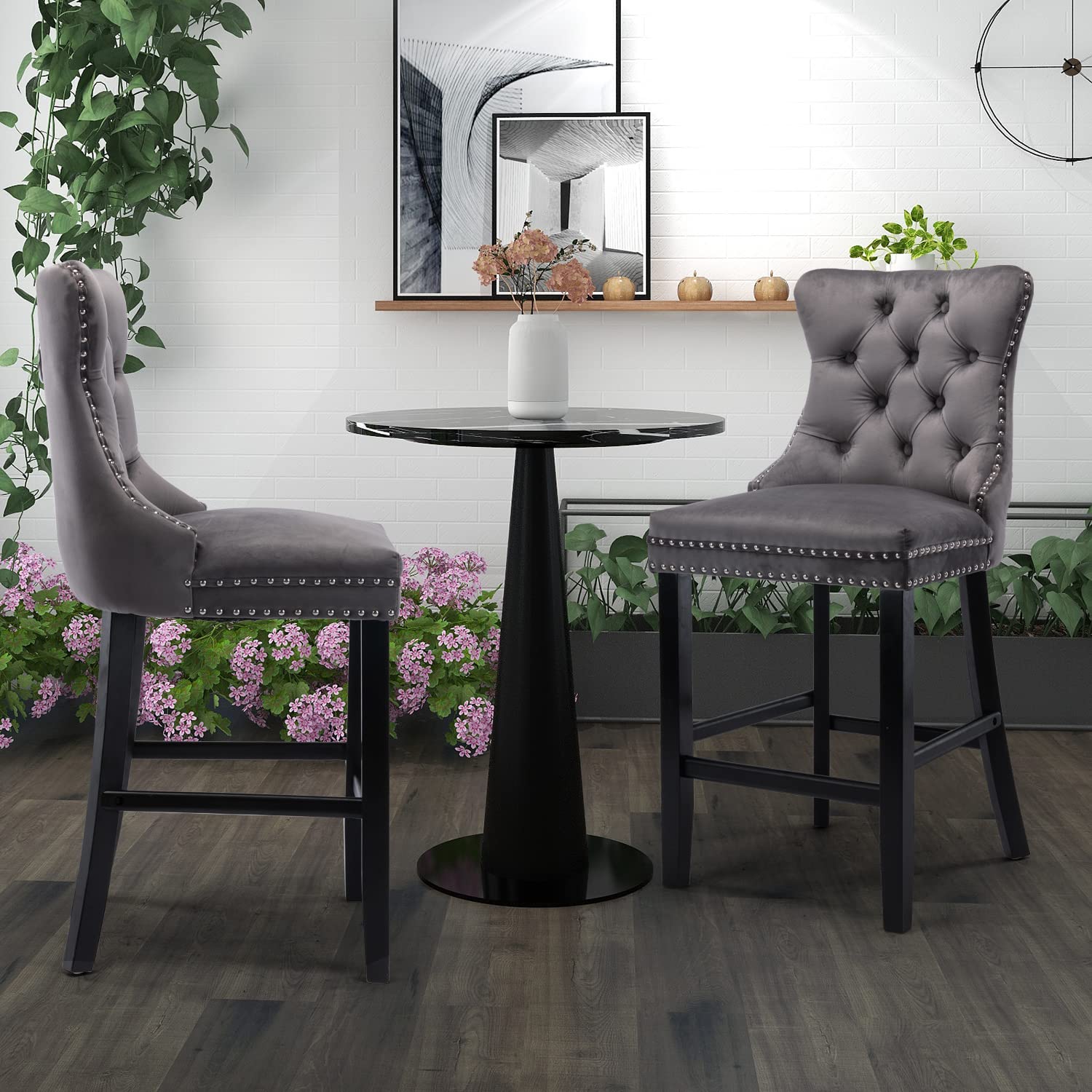 2X Velvet Bar Stools with Studs Trim Wooden Legs Tufted Dining Chairs Kitchen V226-SW1802GY
