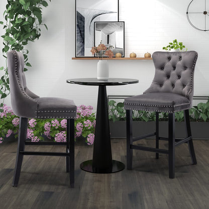 2X Velvet Bar Stools with Studs Trim Wooden Legs Tufted Dining Chairs Kitchen V226-SW1802GY