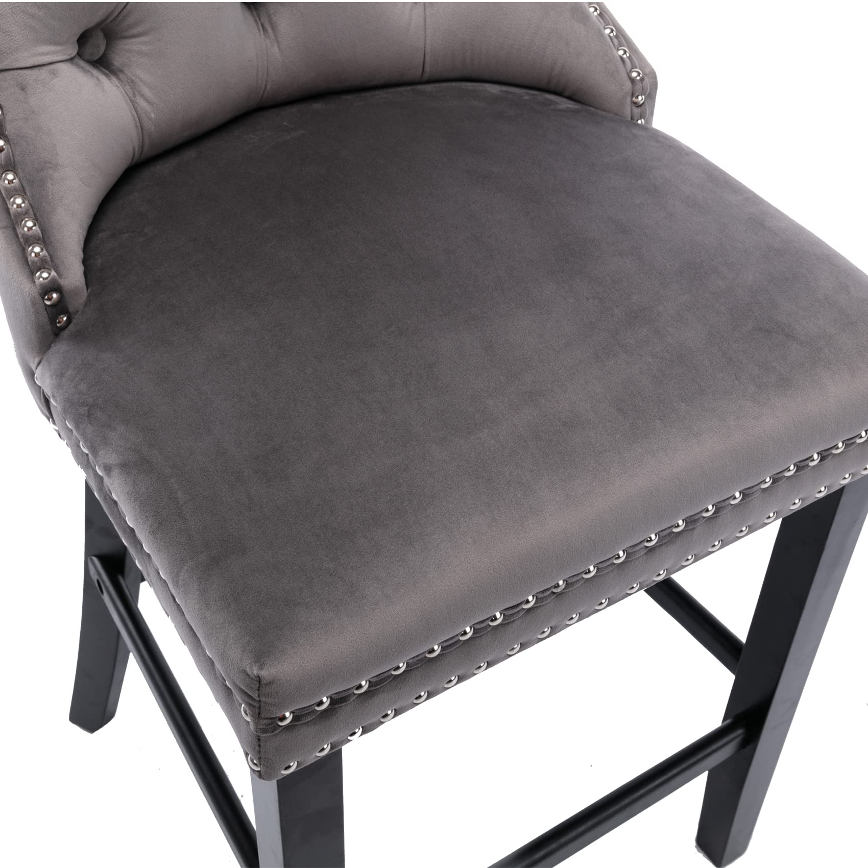 2X Velvet Bar Stools with Studs Trim Wooden Legs Tufted Dining Chairs Kitchen V226-SW1802GY