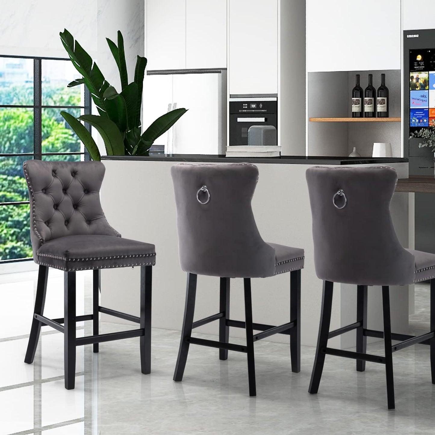 2X Velvet Bar Stools with Studs Trim Wooden Legs Tufted Dining Chairs Kitchen V226-SW1802GY