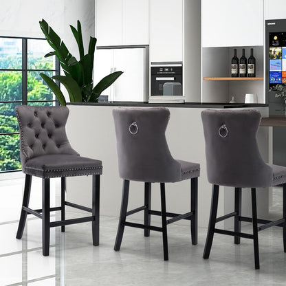 2X Velvet Bar Stools with Studs Trim Wooden Legs Tufted Dining Chairs Kitchen V226-SW1802GY