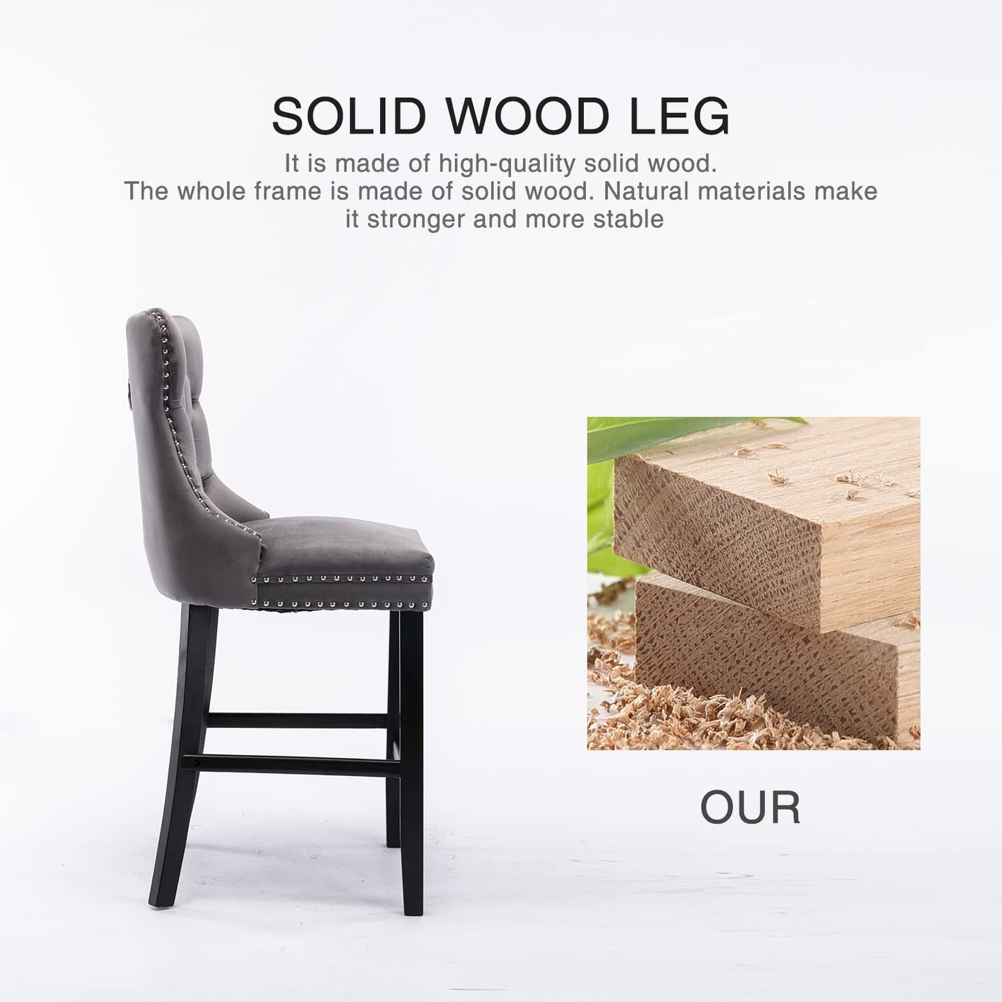 2X Velvet Bar Stools with Studs Trim Wooden Legs Tufted Dining Chairs Kitchen V226-SW1802GY