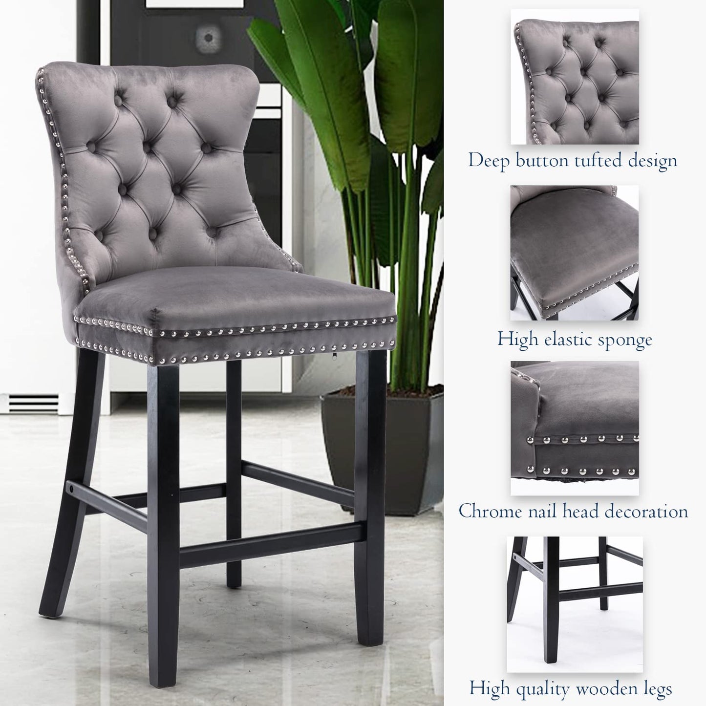 2X Velvet Bar Stools with Studs Trim Wooden Legs Tufted Dining Chairs Kitchen V226-SW1802GY