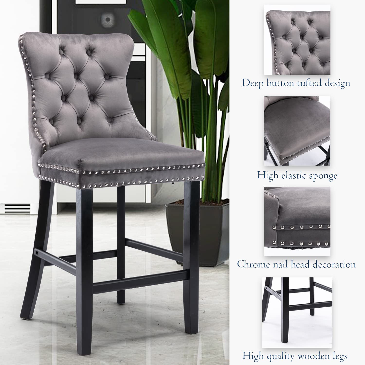 2X Velvet Bar Stools with Studs Trim Wooden Legs Tufted Dining Chairs Kitchen V226-SW1802GY