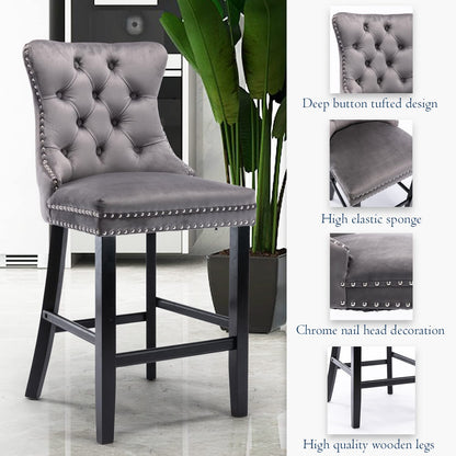 2X Velvet Bar Stools with Studs Trim Wooden Legs Tufted Dining Chairs Kitchen V226-SW1802GY